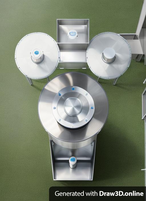 Please help me create a left-side view based on this image. This is a top-down view of an integrated organic waste processing device that resembles the shape of a spacecraft. The square module at the bottom is the feeding chamber, with an added automatically opening and closing lid. The circular shape in the middle is the reactor vessel, which serves as a pressure container with a dome-shaped top. The upper left and upper right sections are two tanks for storing liquid substances. The topmost section stores solid objects and is located below the entire device. Adjacent to it is a boiler with a blunt angle for heating, followed by a spiral extruder used for solid-liquid separation. The entire device is used for processing organic waste. You can refer to various spacecraft designs to help create a 3D image. The device has a height of 4 meters and resembles a spaceship when viewed from a distance. Some specific details that require your assistance include adding different equipment connection pipes, exhaust vents for the pressure container, sensor devices, manholes, stirring devices, and other components between the various devices.