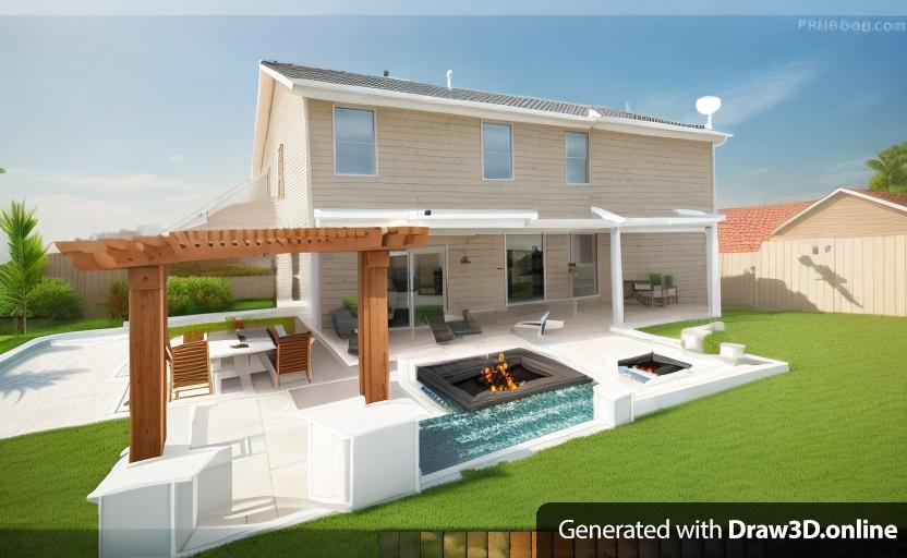 a 3d rendering of a house with an outdoor area. keep the original house color. a fire pit with a sitting area is on the right side of the patio and a pergola with a bar is on the left. the white area is a paver patio area. please put fire  in the fire pit
