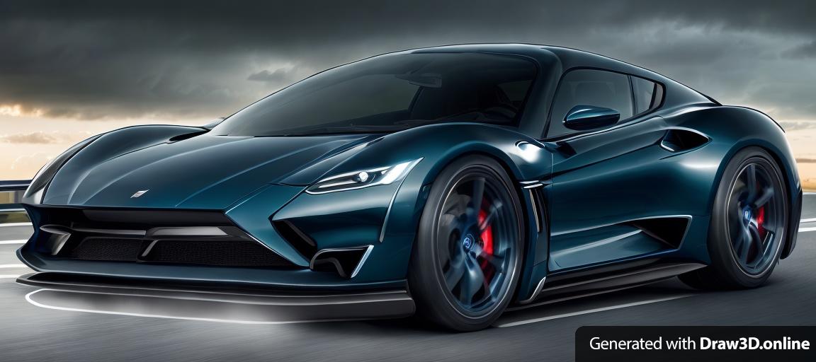 raw photography of dark blue sports car parking in the daylight with the background on the distance is a building designed by Zaha Hadid, highly glossy car, highly intricate detailed, dramatic sky, cinematic, hyper realistic, unreal engine, 4K shot,