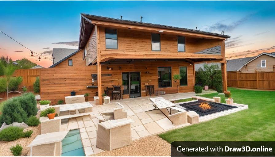 a photo of a backyard with a, pergola and bar area, and a firepit
