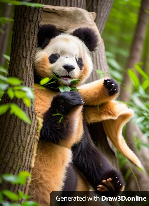 Panda teddy bear is walking through the woods.