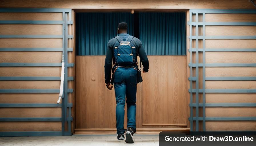 a realistic unreal engine style image from front of a black  man wearing blue overall with walking
