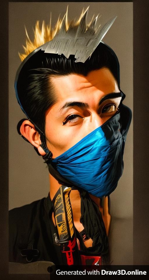 a ninja,model of a 20 something male.
 ninja witha Mohawk and a machette behind a mask waiting on his enemy