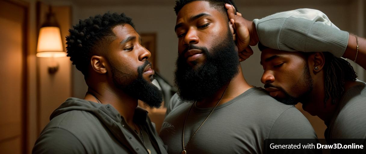 realistic unreal engine image of  two black men
one has short blonde hair  and a beard 
 another black man with a beard in a dark room