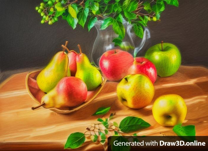 a pencil photo of pears and apples on a table