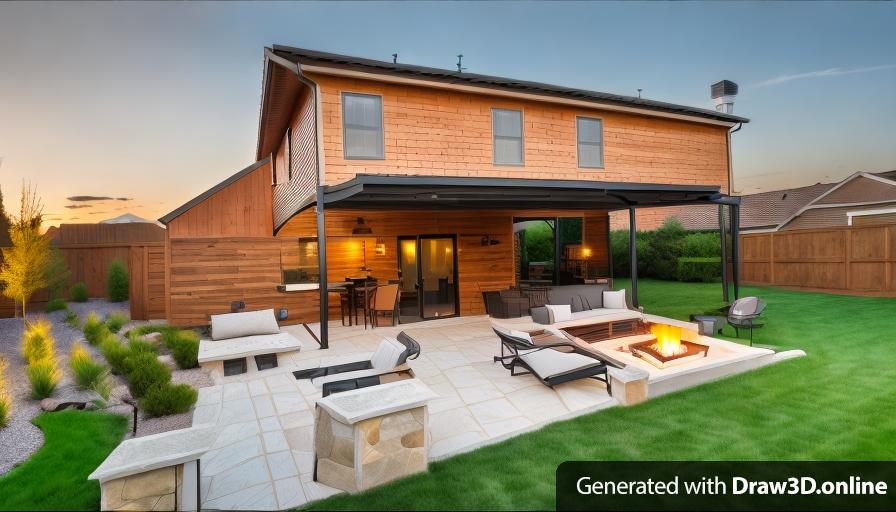 a photo of a backyard with a, pergola and bar area, and a firepit