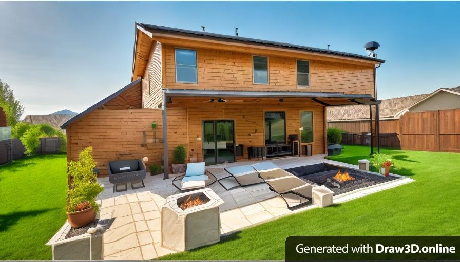 a photo of a backyard with a grill, pergola, a firepit in a lower seating area. Keep the house original color and make the grass area greener