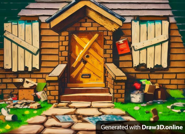 a cartoon image of a house with a broken door