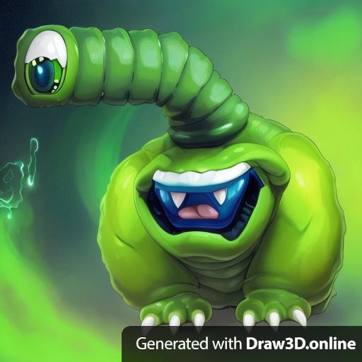 The picture is of a pokemon-like alien. It is slimy green, and have one eye on a long, bent neck. It has a round body with a mouth. Its lips are darker green than the body. in its mouth are two white, sharp teeth and a blue tongue. It has no arms, but two feet. Each foot have three toes with grey claws.