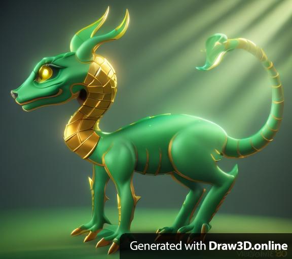 A highly detailed 3d model of a creature, rendered in a stylized cartoon/fantasy style, featuring green, gold, and blue coloring; the lighting and background are neutral, creating a studio-quality image.