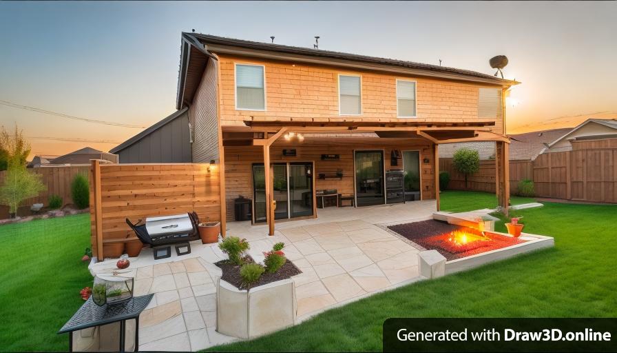 a photo of a backyard with a grill, pergola, a firepit