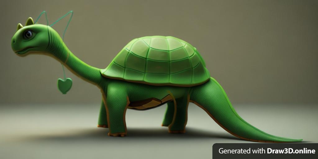 A highly detailed 3d model of a friendly green dinosaur, rendered in a stylized cartoon/fantasy style, featuring a tortoise shell; the lighting and background are neutral, creating a studio-quality image.