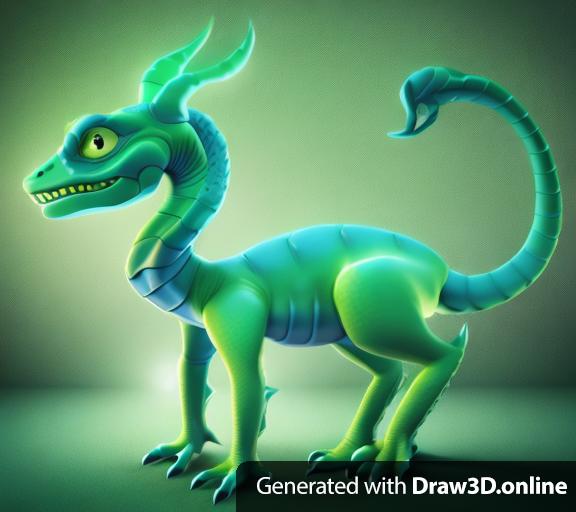 A highly detailed 3d model of a reptilian creature, rendered in a stylized cartoon/fantasy style, featuring green and blue scales; the lighting and background are neutral, creating a studio-quality image.