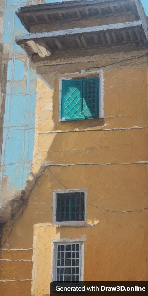 oil painting of a building with windows. The top window has a vase showing