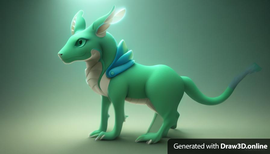 A highly detailed 3d model of a gentle creature, rendered in a stylized cartoon/fantasy style, featuring green and blue scales; the lighting and background are neutral, creating a studio-quality image.