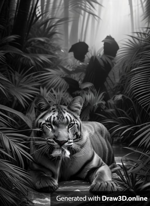 Black and white panther lounges on jungle river bank. Fantasy art style