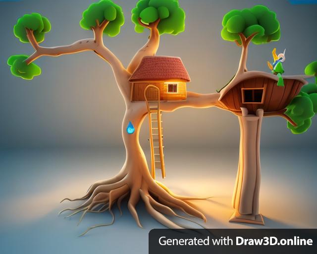 A simple clean 3d model of a treehouse, rendered in a stylized cartoon/fantasy style, featuring a fairy on a branch; the lighting and background are neutral, creating a studio-quality image;  Background is white.