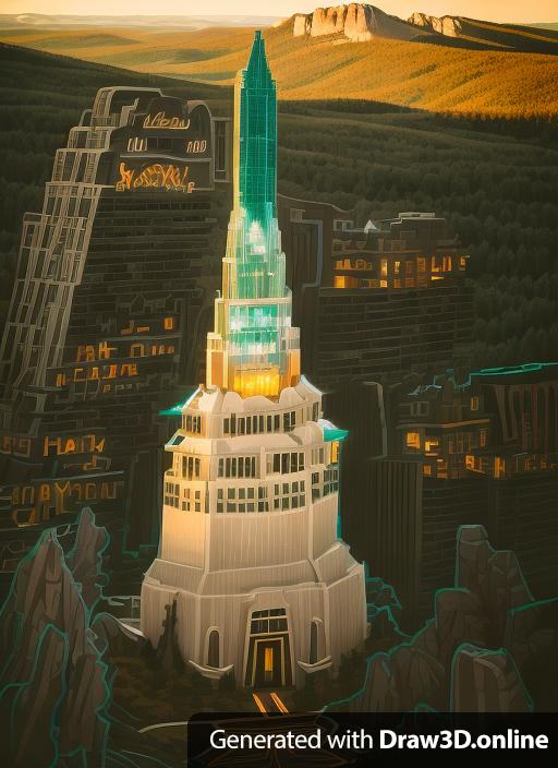 This art deco skyscraper deep in the black hills of South Dakota. Landscape fantasy art in a dark comic style. No words.