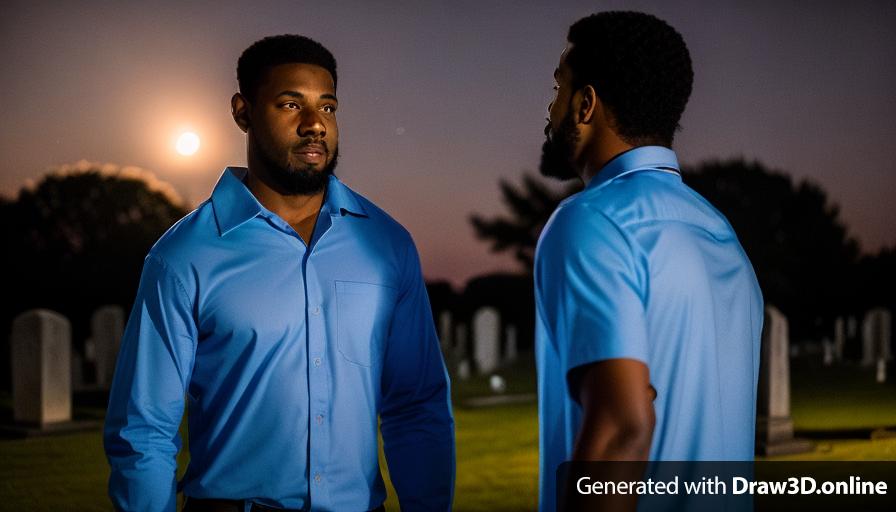 two black men in blue shirts  men talking to each other
in a cemetery 
at night