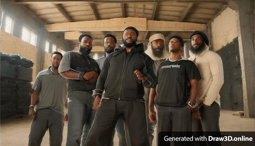 realistic unreal engine style image of a group of black men with beards standing in a warehouse.
keep all clothing the same as original image.