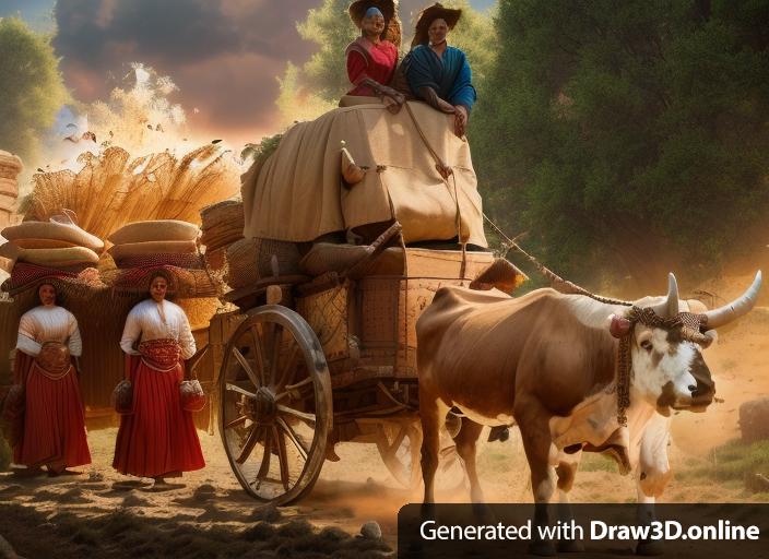Bull, Chariot with two drivers and full of goods , two women with things goods on the head