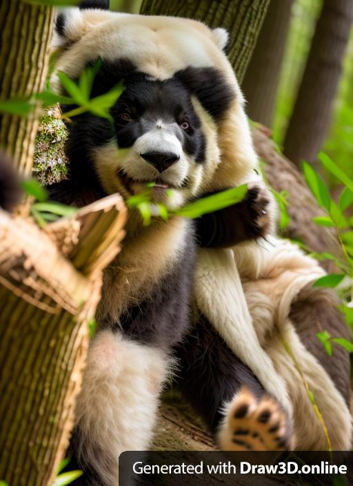 Panda teddy bear is walking through the woods.
