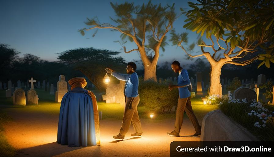 realistic unreal engine style image of two African people walking in wearing blue cloths in a cemetery with a lantern at night