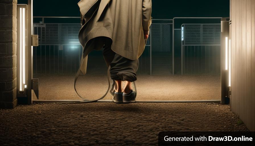 a realistic unreal engine style portrait of one person walking towards 
 a gate at Night