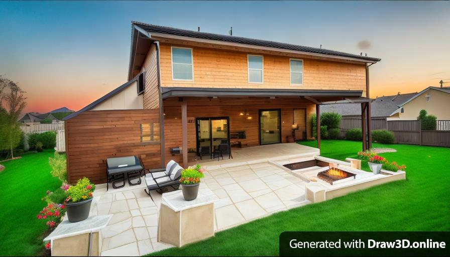 a photo of a backyard with a grill, pergola, a firepit in a lower seating area. Keep the house original color and make the grass area greener