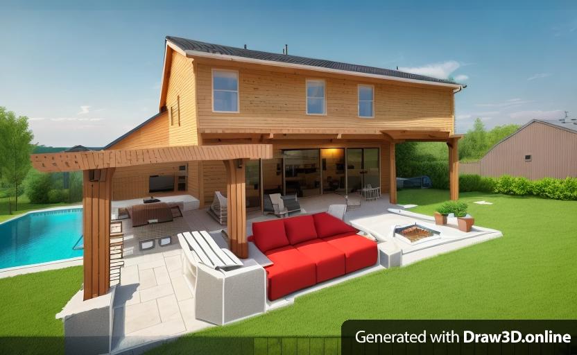 a 3d rendering of a house with an outdoor area. a fire pit with a sitting area is on the right side of the patio and a pergola with a bar is on the left