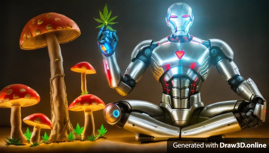1*subject-ultron*robot doing Padmasana, holding cannabis leaf)
 background mushrooms and marijuana